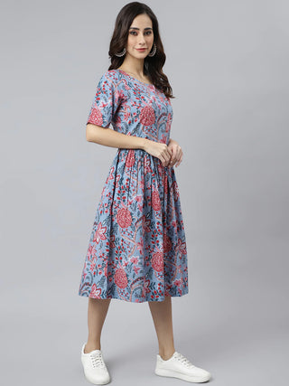 Blue Cotton Floral Print Western Style Dress