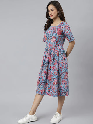 Blue Cotton Floral Print Western Style Dress