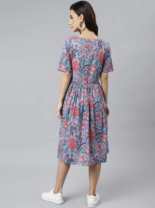 Blue Cotton Floral Print Western Style Dress