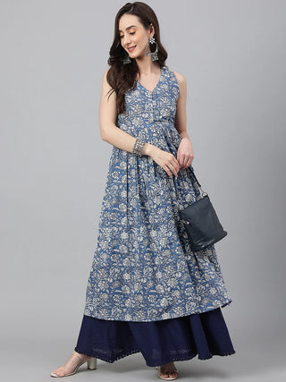 Blue Cotton A Line Floral Print Sleeveless Kurta