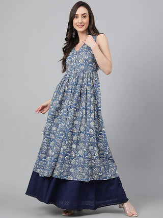 Blue Cotton A Line Floral Print Sleeveless Kurta