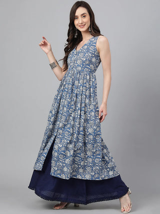 Blue Cotton A Line Floral Print Sleeveless Kurta