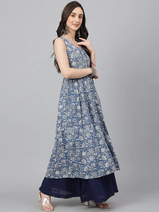 Blue Cotton A Line Floral Print Sleeveless Kurta