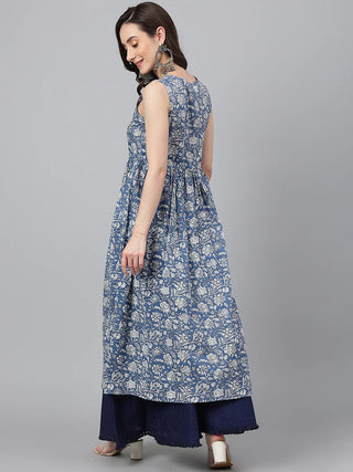 Blue Cotton A Line Floral Print Sleeveless Kurta