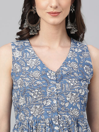 Blue Cotton A Line Floral Print Sleeveless Kurta