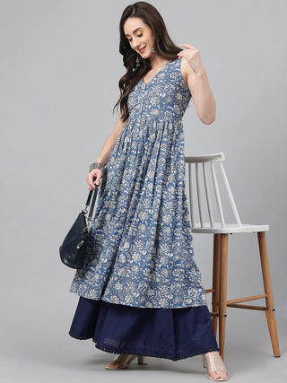 Blue Cotton A Line Floral Print Sleeveless Kurta