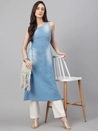 Blue Cotton Denim Solid Straight Cut Kurta