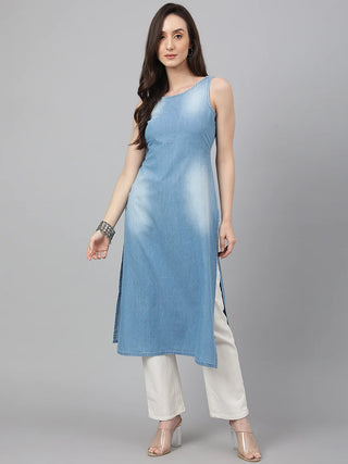 Blue Cotton Denim Solid Straight Cut Kurta