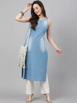 Blue Cotton Denim Solid Straight Cut Kurta