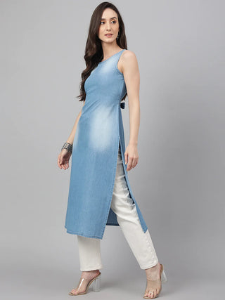 Blue Cotton Denim Solid Straight Cut Kurta