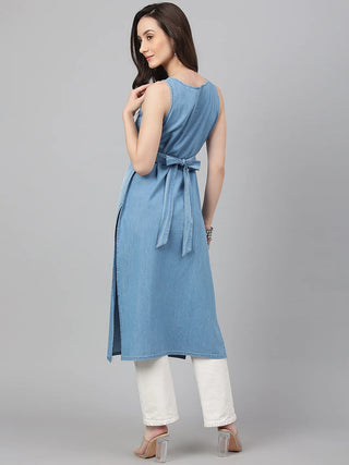 Blue Cotton Denim Solid Straight Cut Kurta