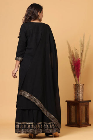 Black Silk Embellished & Embroidered Sharara Set with Dupatta