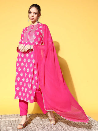 Pink Cotton Floral Printed Suit Set with Dupatta