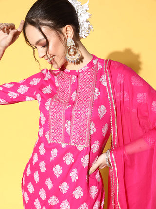 Pink Cotton Floral Printed Suit Set with Dupatta