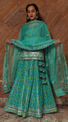 Cotton Green Printed Kurta Skirt Set with Organza Dupatta