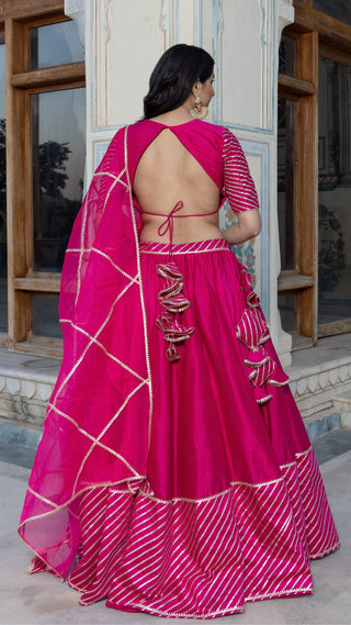 Solid Pink Cotton Silk Lace Detailing Lehenga Set with Organza Silk Dupatta