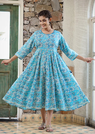 Cotton Sky Blue Flared Floral Print Ethnic Dress