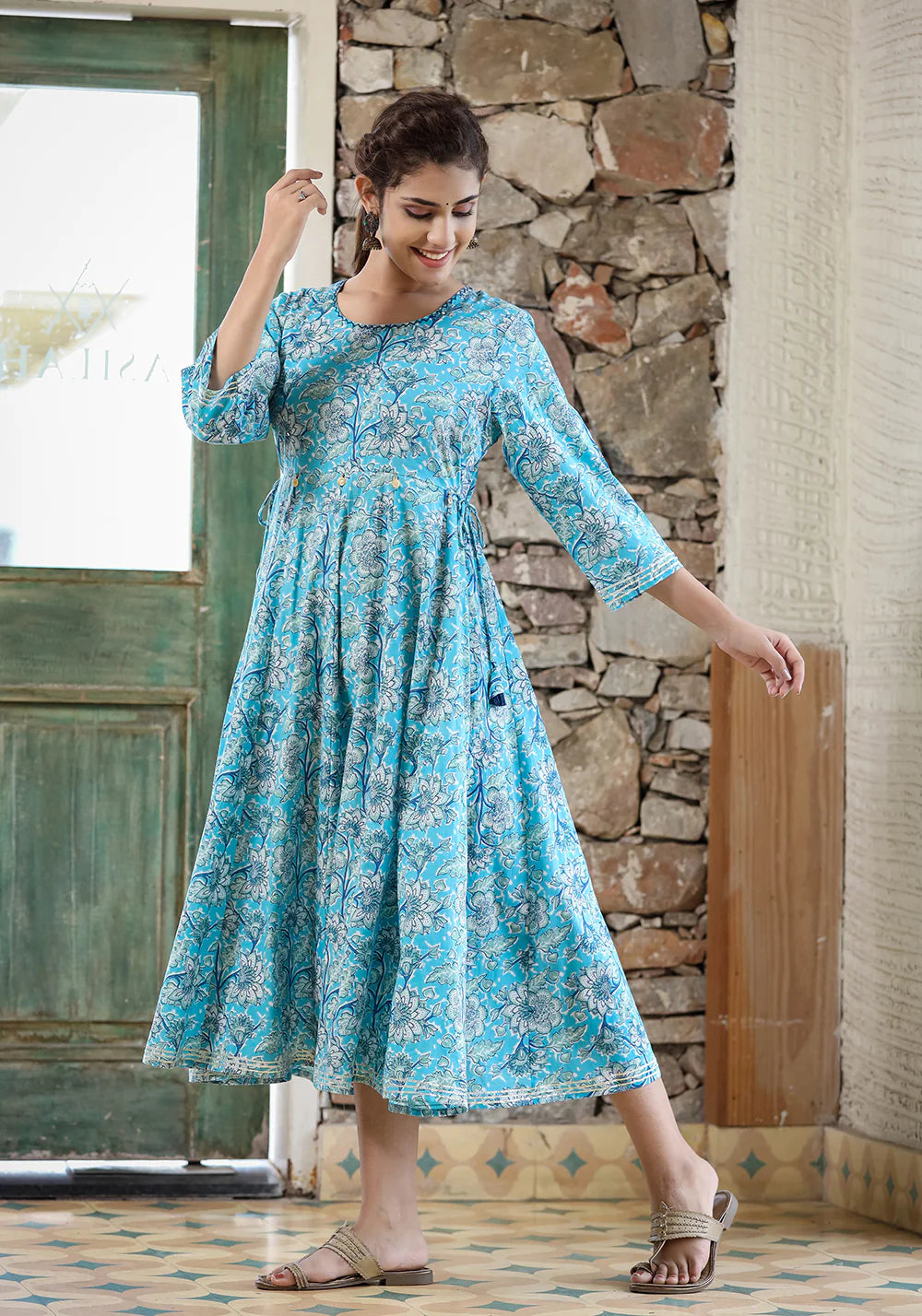 Cotton Blue & Red Flared Floral Print Ethnic Dress | Indian ethnic wear  online shopping USA – Ria Fashions