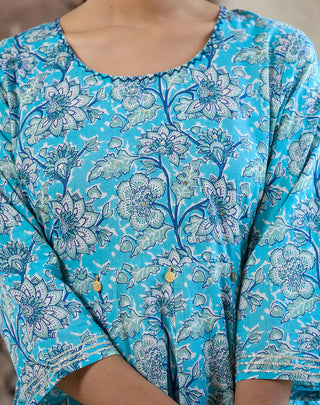 Cotton Sky Blue Flared Floral Print Ethnic Dress