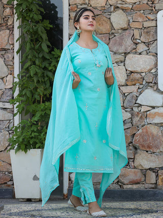 Light Blue Cotton Mirror Embellished & Embroidered Suit Set with Dupatta
