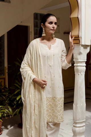 Cotton Off White Embroidered Suit Set with Doria Dupatta