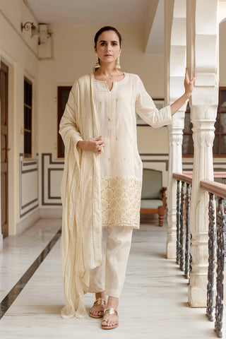 Cotton Off White Embroidered Suit Set with Doria Dupatta