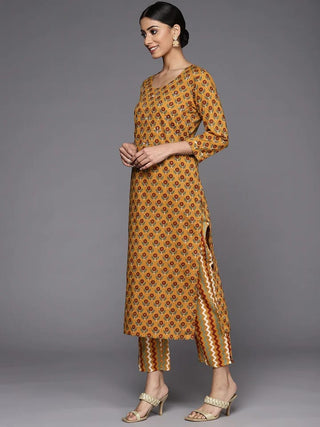 Yellow Cotton Printed Suit Set with Chiffon Dupatta