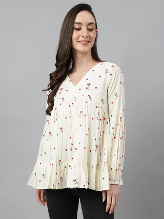 Cotton Cream Foral Print Flared Top