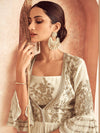 Cream Georgette Floral Embroidered Jacket Style Anarkali Set with Net Dupatta
