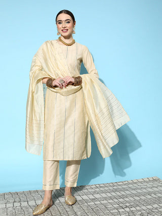Cream Zari Work A line Suit Set with Dupatta