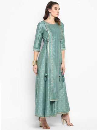 Green Poly Silk Anarkali Style Gold Print Dress - Ria Fashions