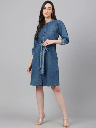 Cotton Denim Dark Blue Solid Western Style Dress