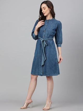Cotton Denim Dark Blue Solid Western Style Dress