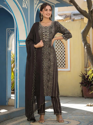 Brown Chanderi Printed & Embroidered Suit Set with Organza Dupatta