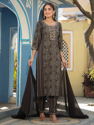 Brown Chanderi Printed & Embroidered Suit Set with Organza Dupatta