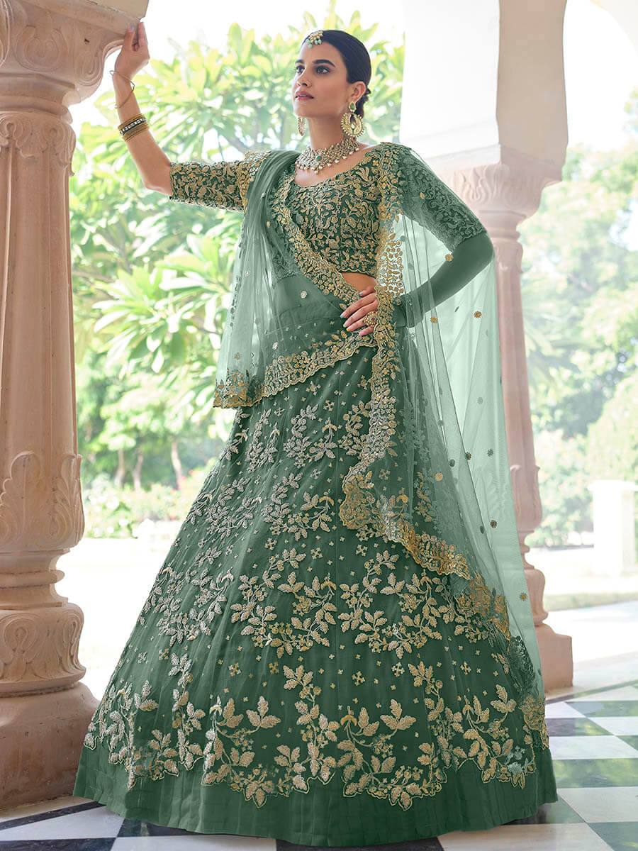 Green Color Sequins Work Silk Lehenga Choli - Buy