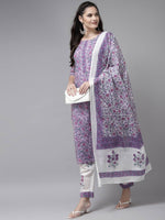 Lavender & White Printed Kurta Set - Ria Fashions