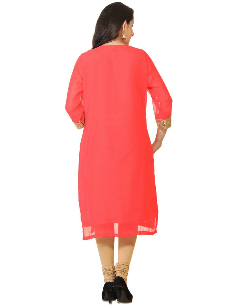 Red Colored Long Georgette Tunic with Zari Work - Ria Fashions