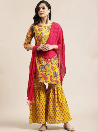 Yellow Flower Print Sharara Set with Dupatta - Ria Fashions