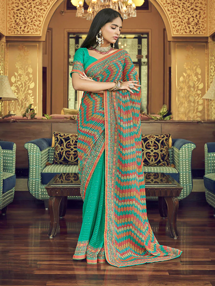 Green & Multi Color Georgette Printed and Embroidered Saree