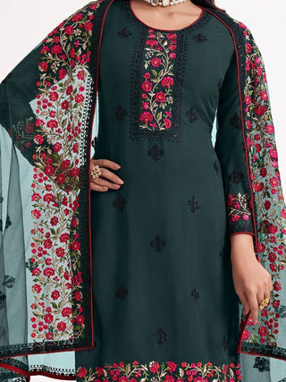 Bottle Green Georgette Multi Color Thread Embroidered Suit Set with Net Dupatta