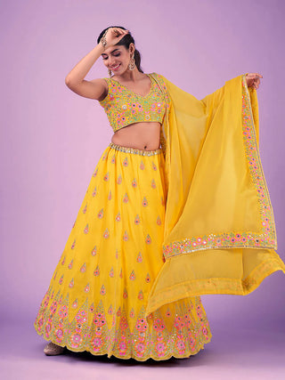 Yellow Georgette Floral Embroidered Lehenga Choli Set with Dupatta