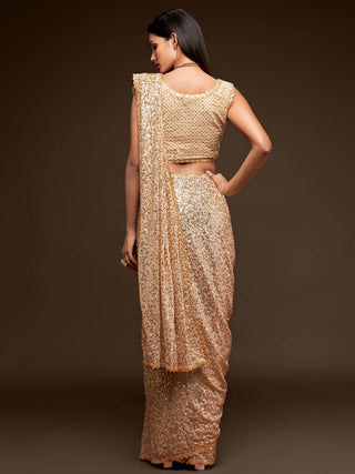 Golden Georgette Sequinned Saree with Unstitched Blouse
