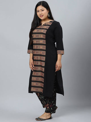 Black Crepe Foil Print Kurta with Panelled Detailing with Palazzo Pants - Ria Fashions