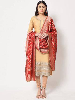 Gold Cotton Silk Embroidered Suit Set with Georgette Banarasi Dupatta