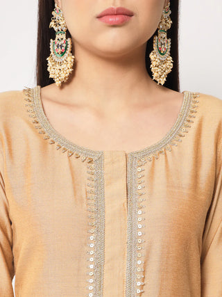Gold Cotton Silk Embroidered Suit Set with Georgette Banarasi Dupatta