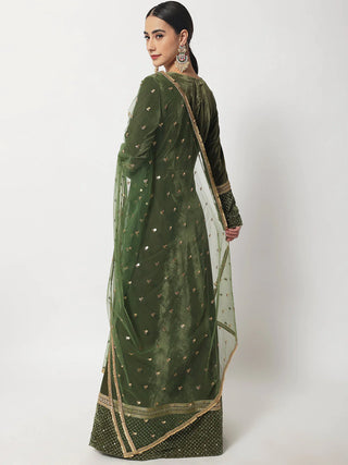 Green Velvet Floor Length Anarkali Style Kurta with Embroidered Net Dupatta