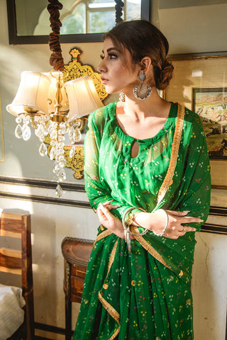 Green Georgette Bandhej Print Kurta Palazzo Set - Ria Fashions