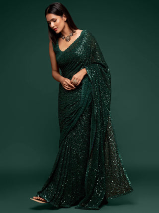 Dark Green Georgette Sequined Saree - Ria Fashions