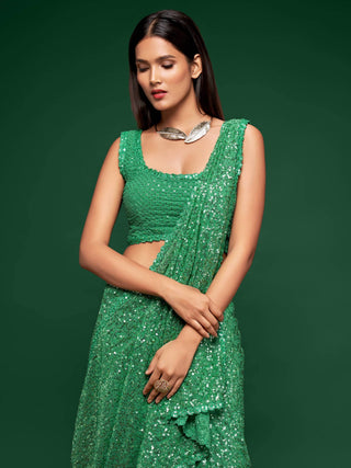 Green Georgette Sequined Saree - Ria Fashions